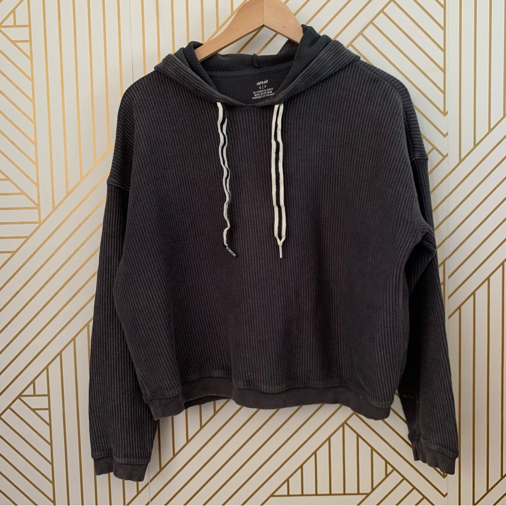 Aerie 100% Love Corded Hoodie cropped Black Charcoal Hooded ribbed corduroy S